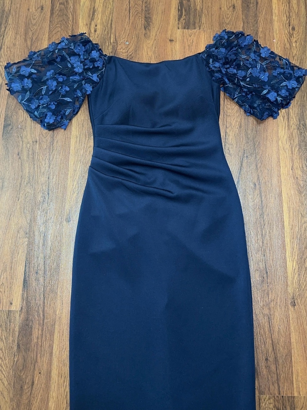 Xscape Navy One-Shoulder Evening Gown with 3D Floral Sleeves Formal - Picture 9 of 16